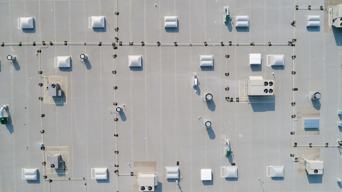 Bird’s eye view of a grey commercial roof