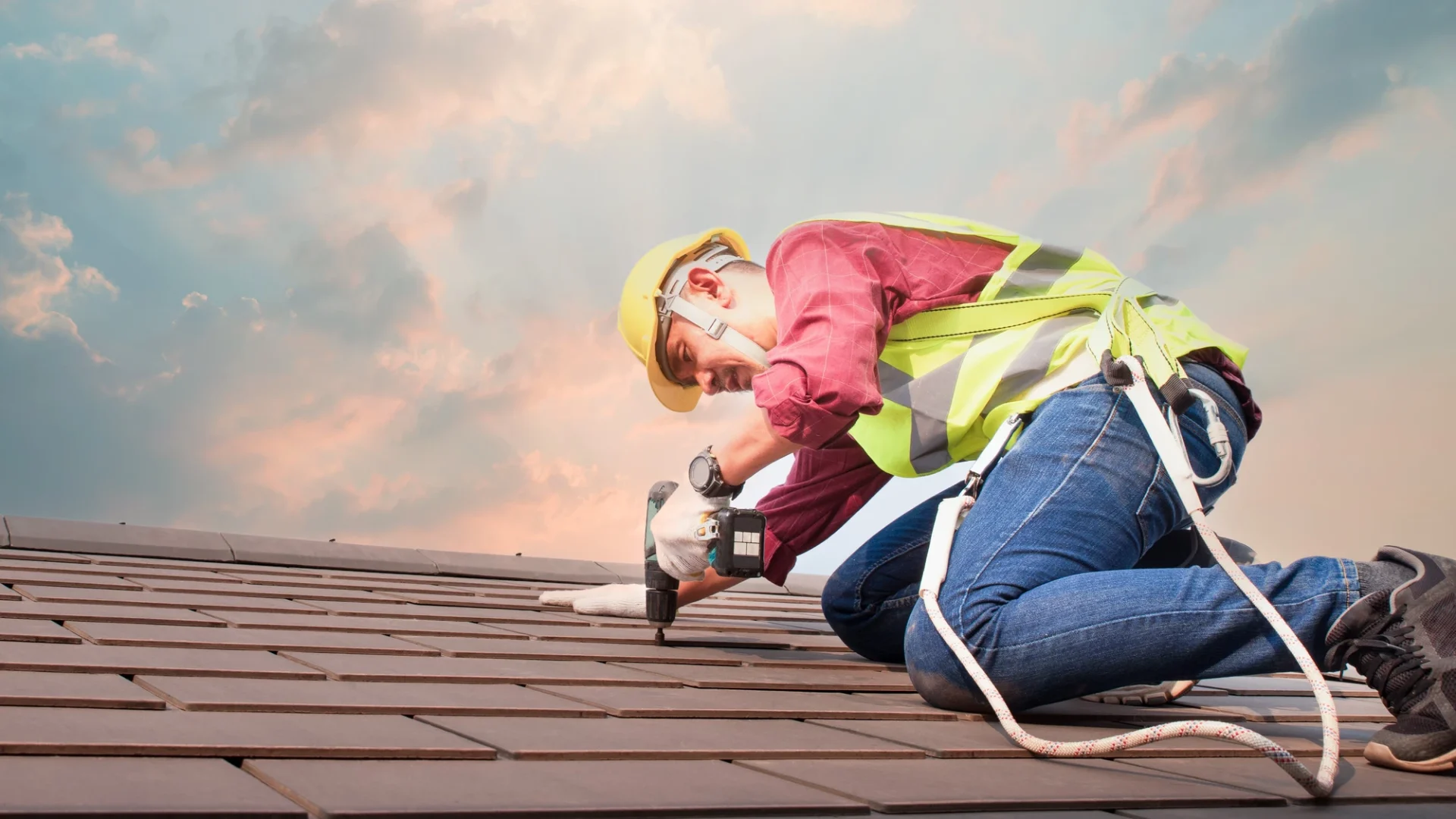 View of a roofer installing a section of flat tile roofing