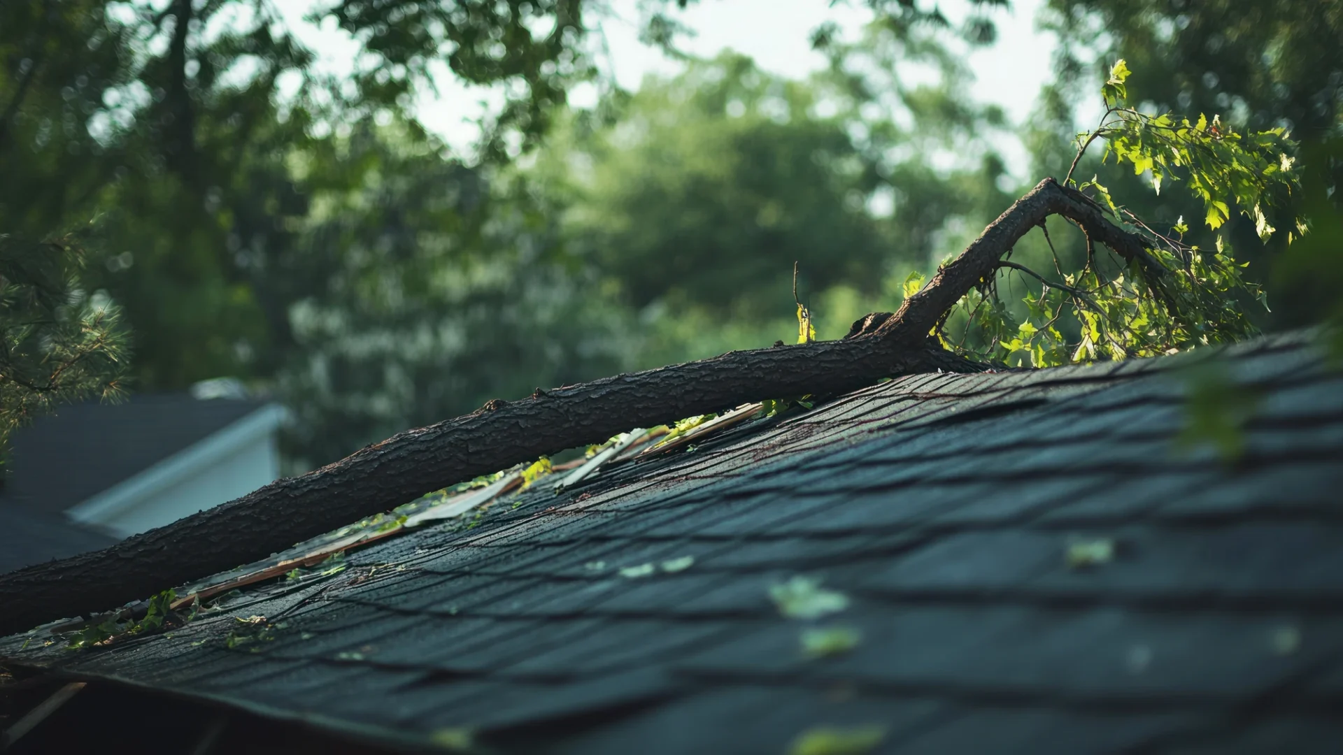 Eye-level view of a tree limb lying on top of the asphalt roof of a residential building