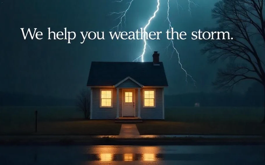 Storm Damage Roof Services | Burnet, TX | Freetail Roofing Image of a small house in a thunderstorm with the words We help you weather the storm above in Burnet,TX | Freetail Roofing