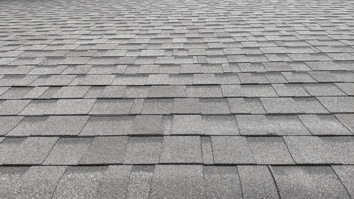 Close-up of asphalt shingles on a roof.